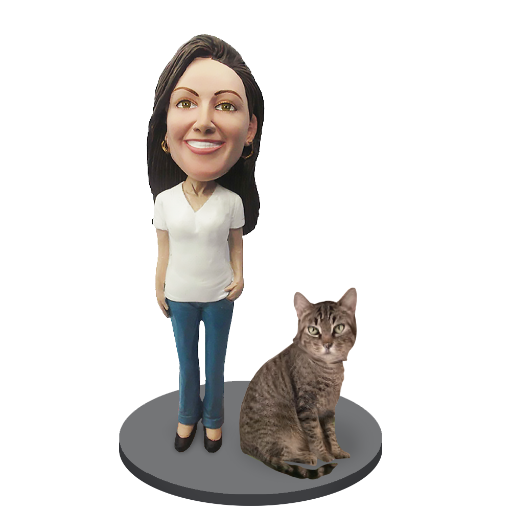Custom Female with Custom Pet Cat Bobblehead - Shorthair Cat