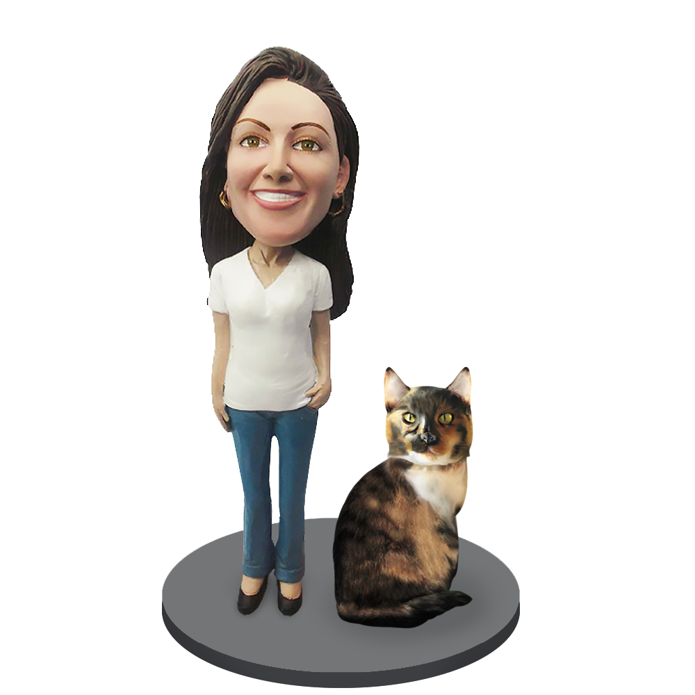 Custom Female with Custom Pet Cat Bobblehead - Calico Cat