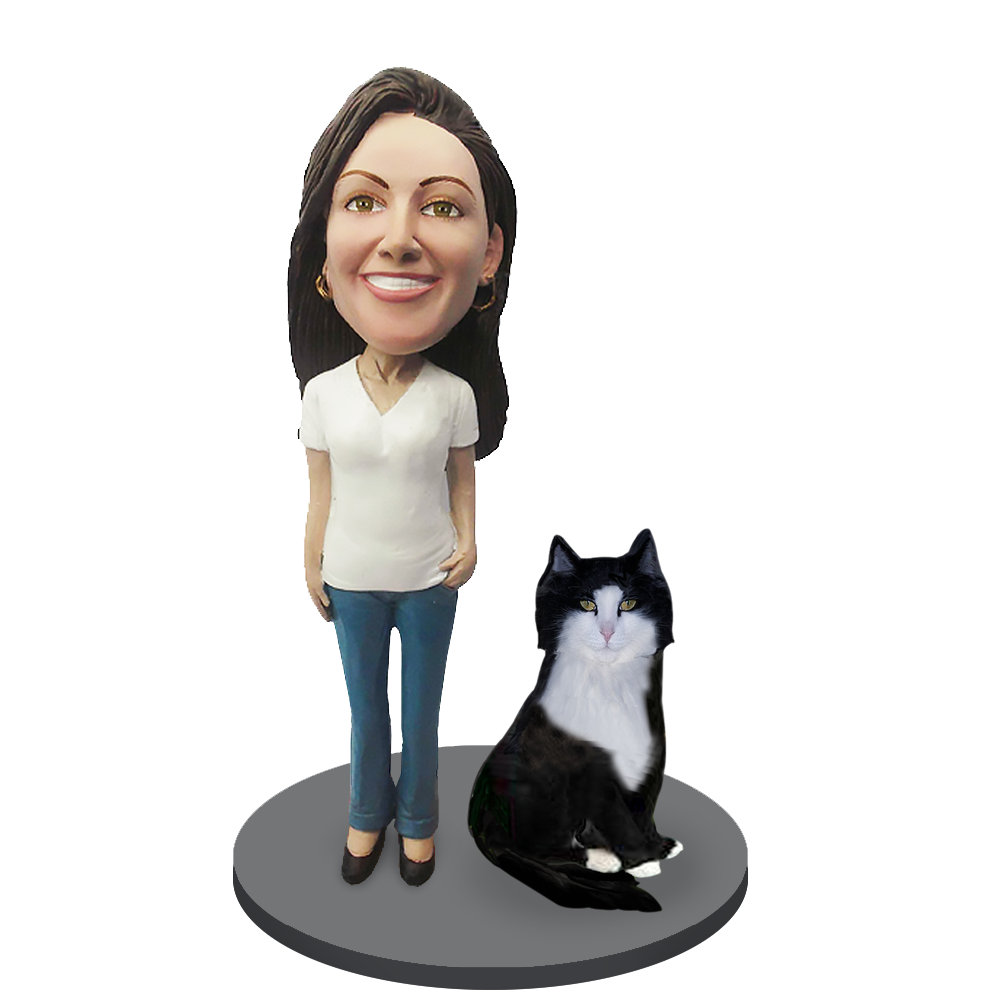 Custom Female with Custom Pet Cat Bobblehead - Tuxedo Cat