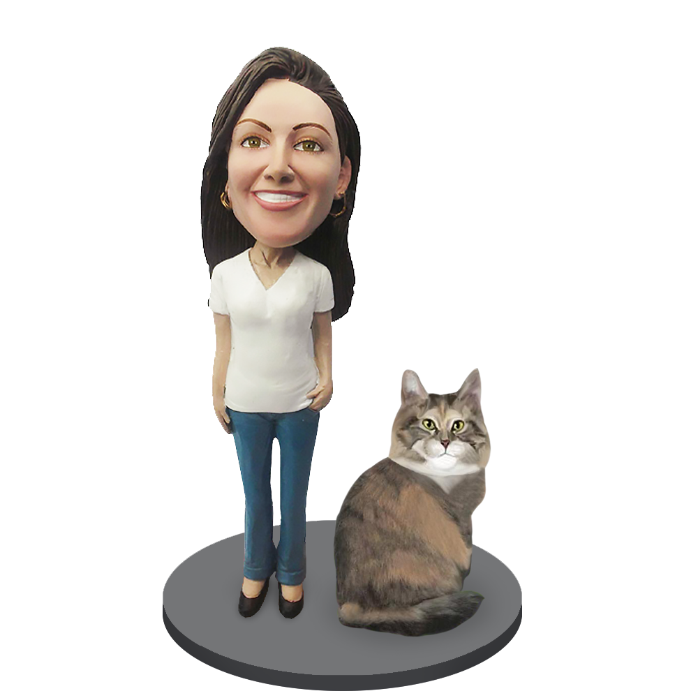 Custom Female with Custom Pet Cat Bobblehead - Maine Coon Cat