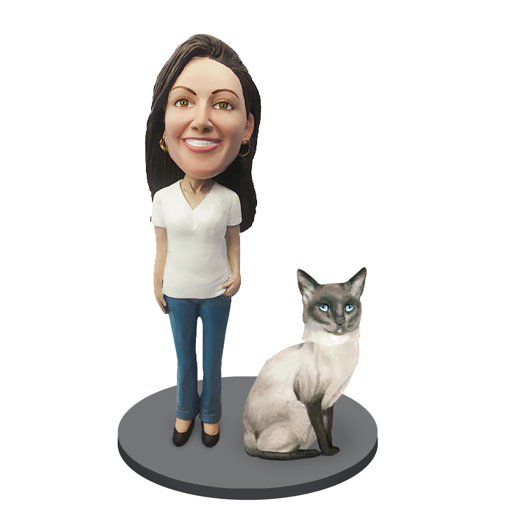 Custom Female with Custom Pet Cat Bobblehead - Siamese Cat