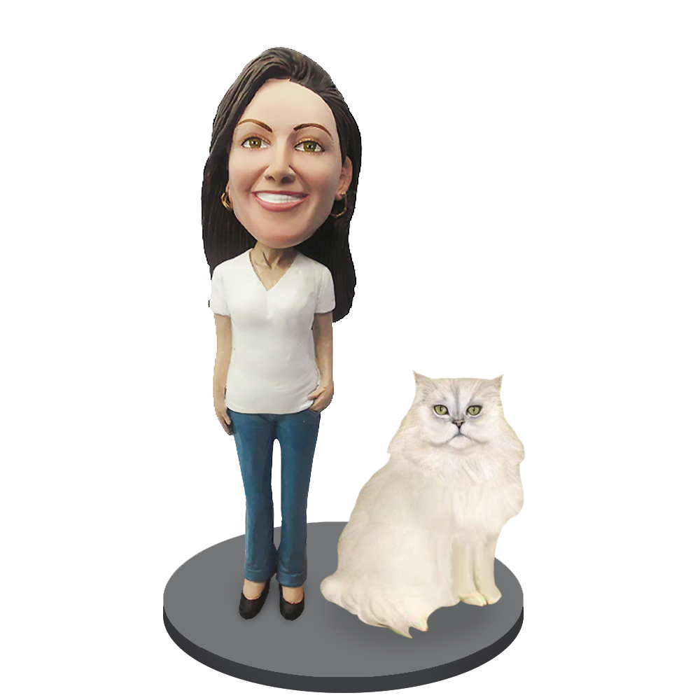 Custom Female with Custom Pet Cat Bobblehead - Persian Cat White