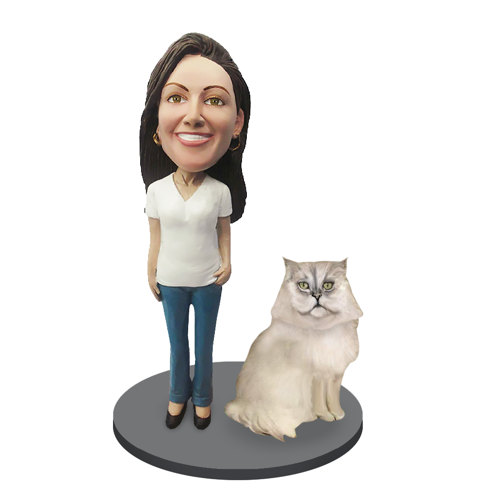 Custom Female with Custom Pet Cat Bobblehead - Persian Cat Grey