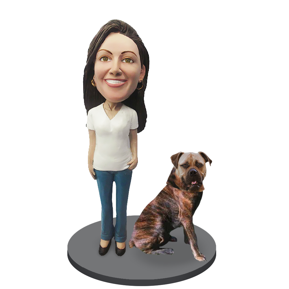 Custom Female with Custom Pet Dog Bobblehead - Bull Mastiff Brindle