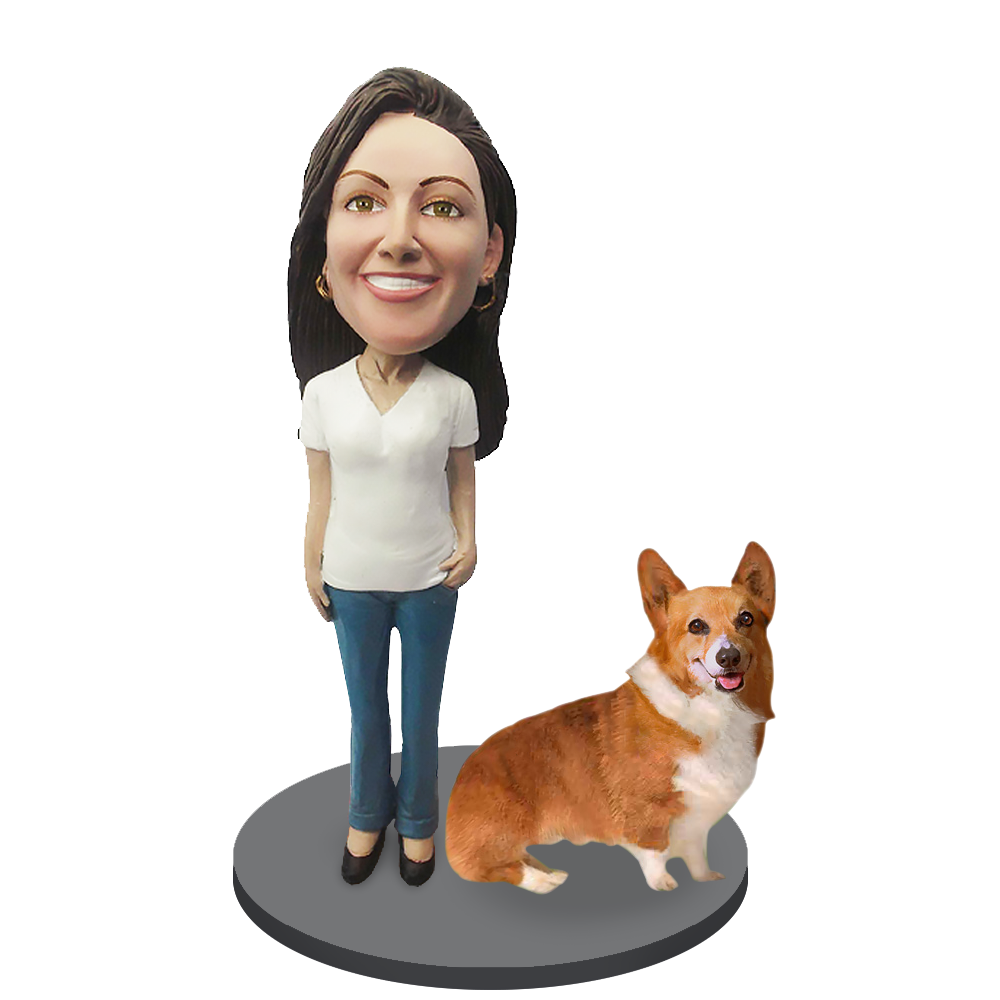 Custom Female with Custom Pet Dog Bobblehead - Corgi