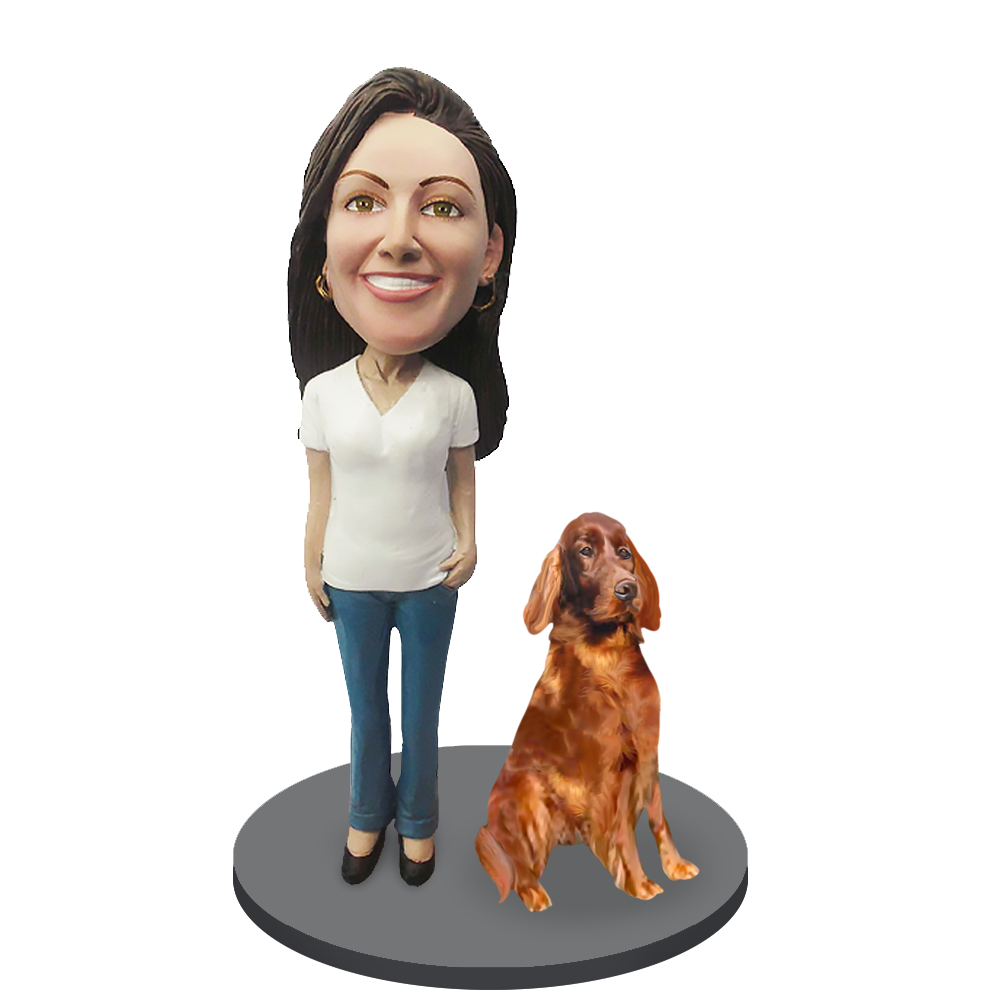 Custom Female with Custom Pet Dog Bobblehead - Irish Setter