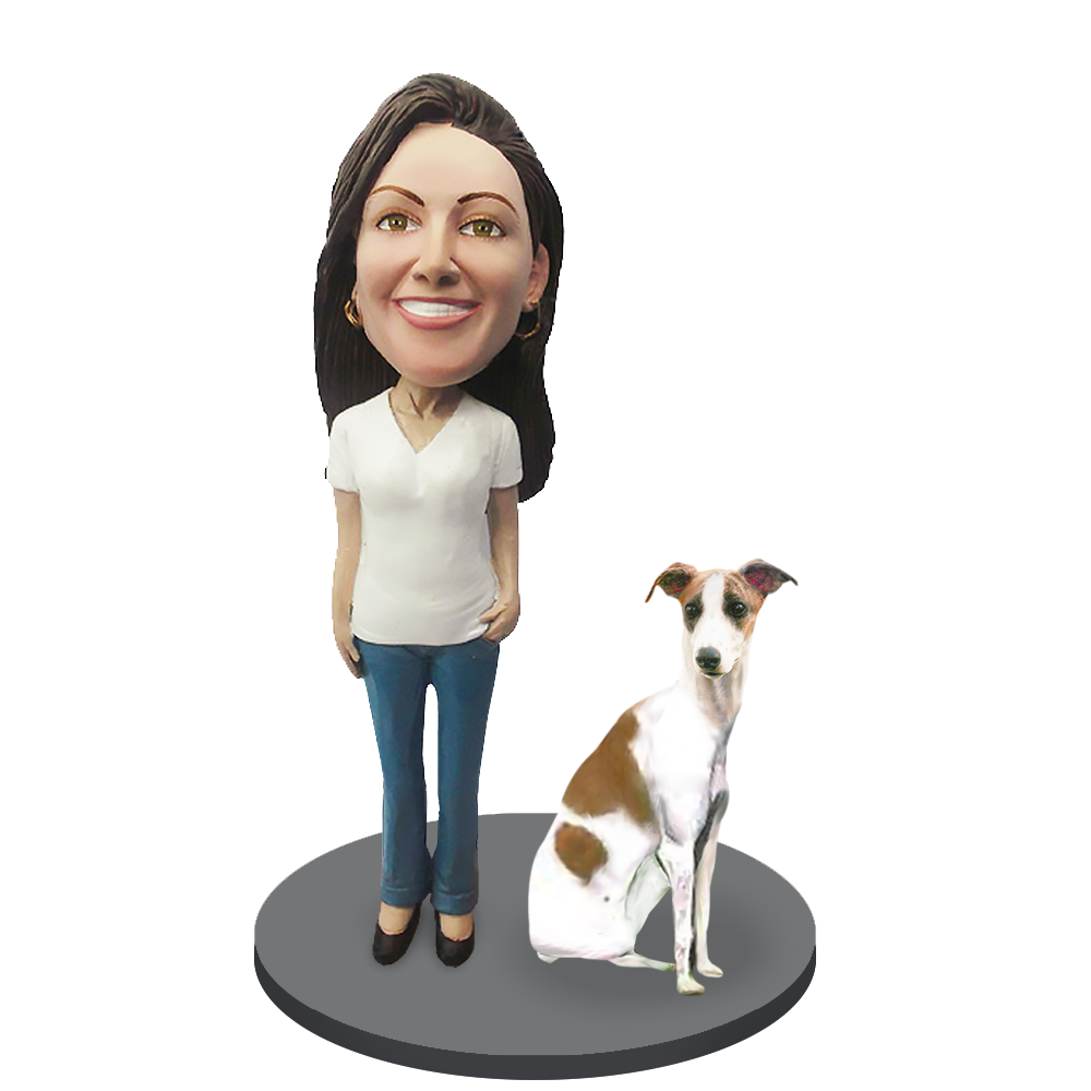 Custom Female with Custom Pet Dog Bobblehead - Grey Hound