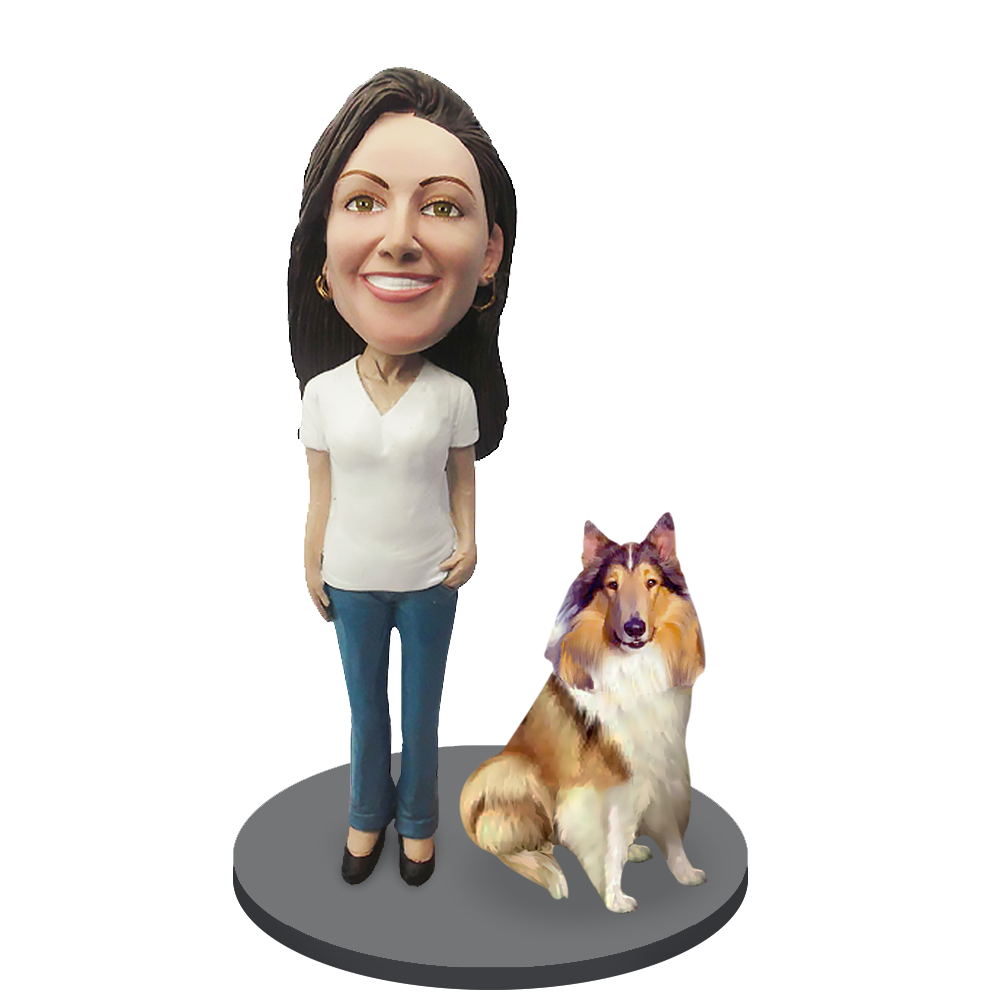 Custom Female with Custom Pet Dog Bobblehead - Collie
