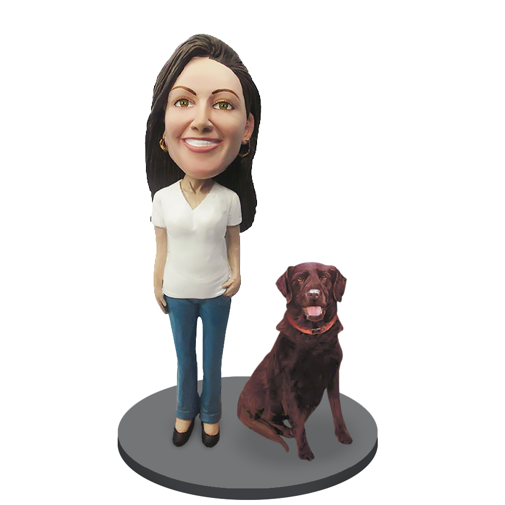 Custom Female with Custom Pet Dog Bobblehead - Chocolate Labrador