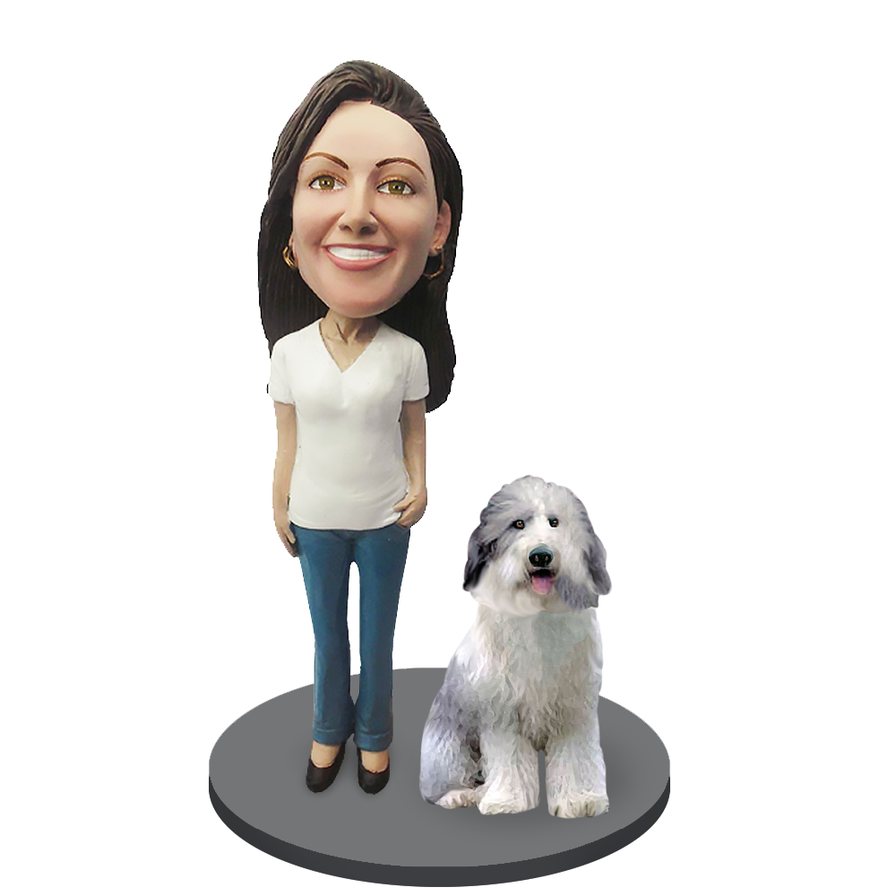 Custom Female with Custom Pet Dog Bobblehead - Sheep Dog