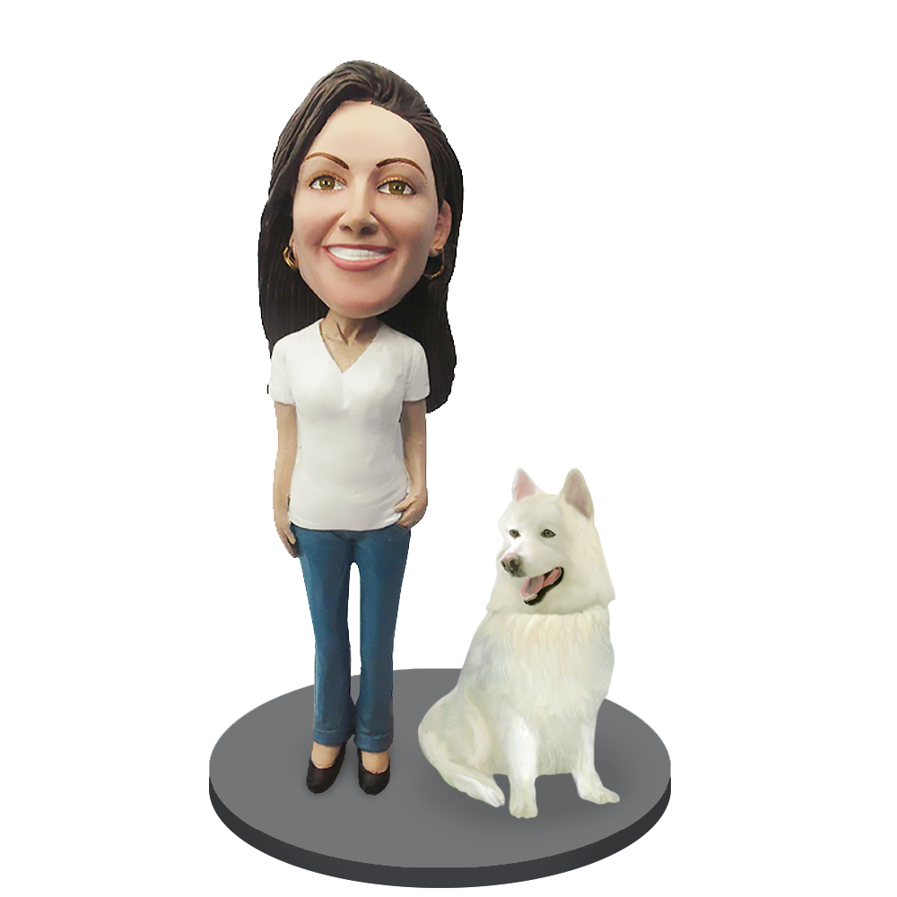 Custom Female with Custom Pet Dog Bobblehead - Samoyed