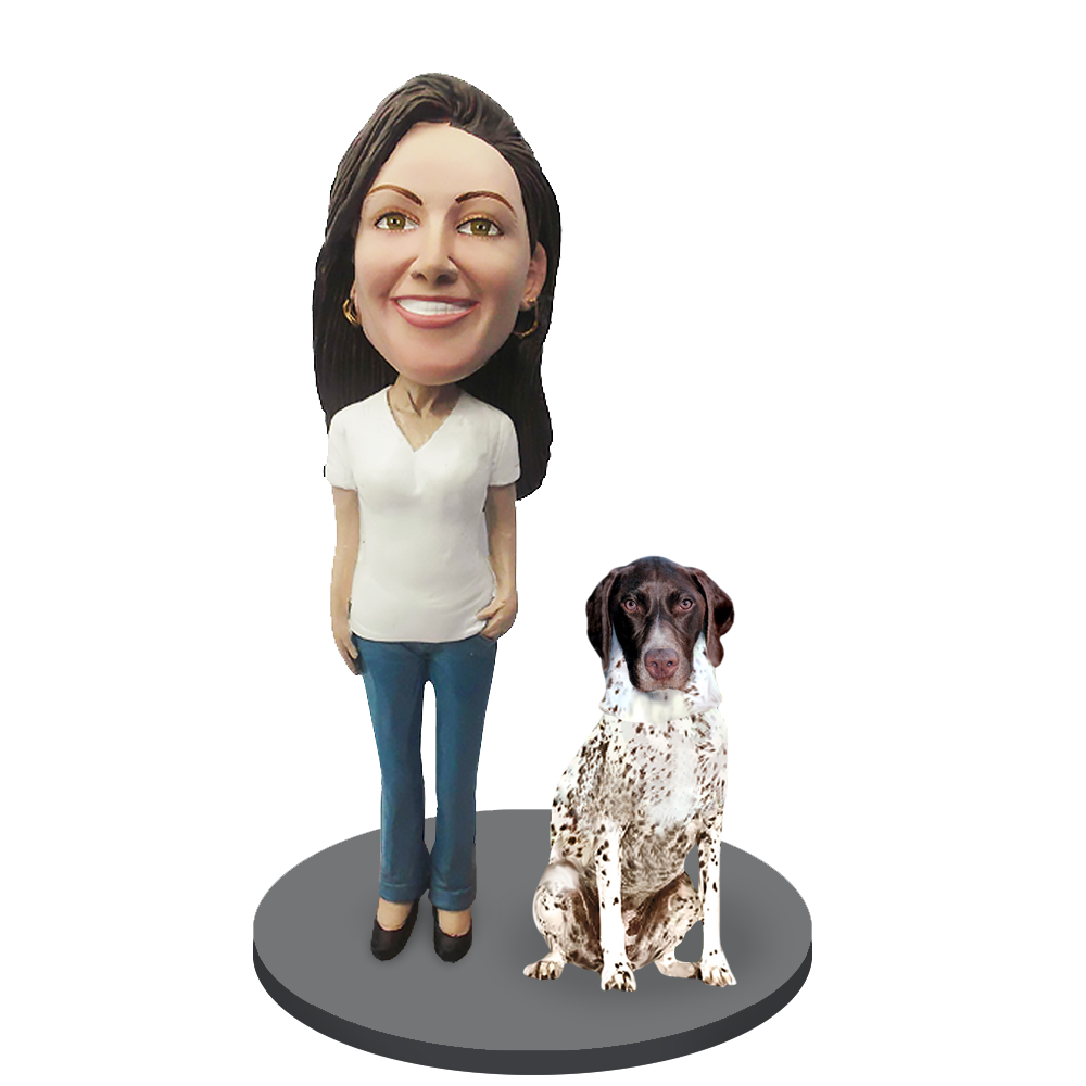 Custom Female with Custom Pet Dog Bobblehead - Pointer