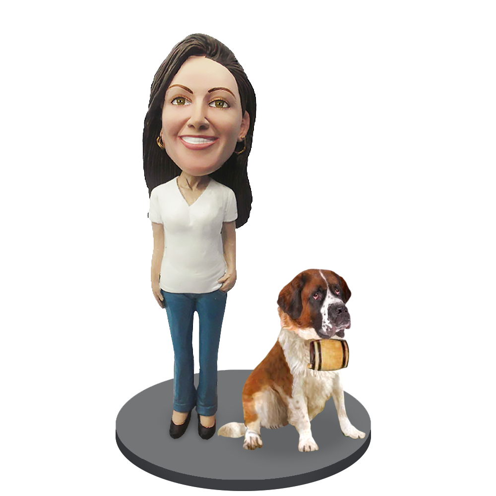 Custom Female with Custom Pet Dog Bobblehead - St.Bernard