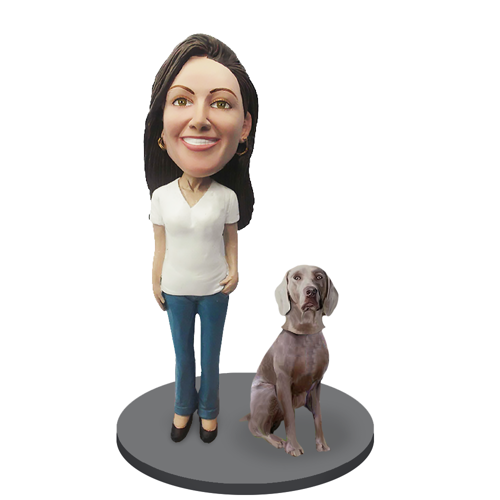 Custom Female with Custom Pet Dog Bobblehead - Weimaraner