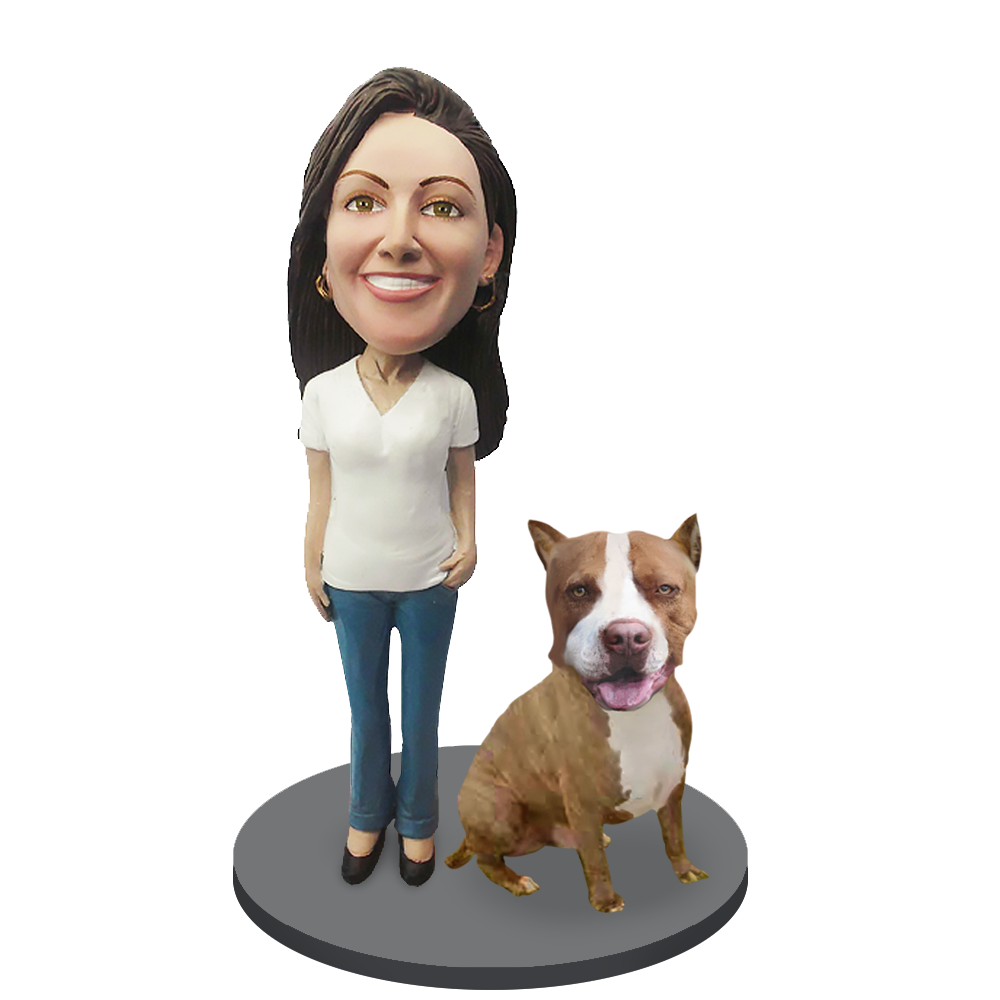 Custom Female with Custom Pet Dog Bobblehead - Pit Bull Brown
