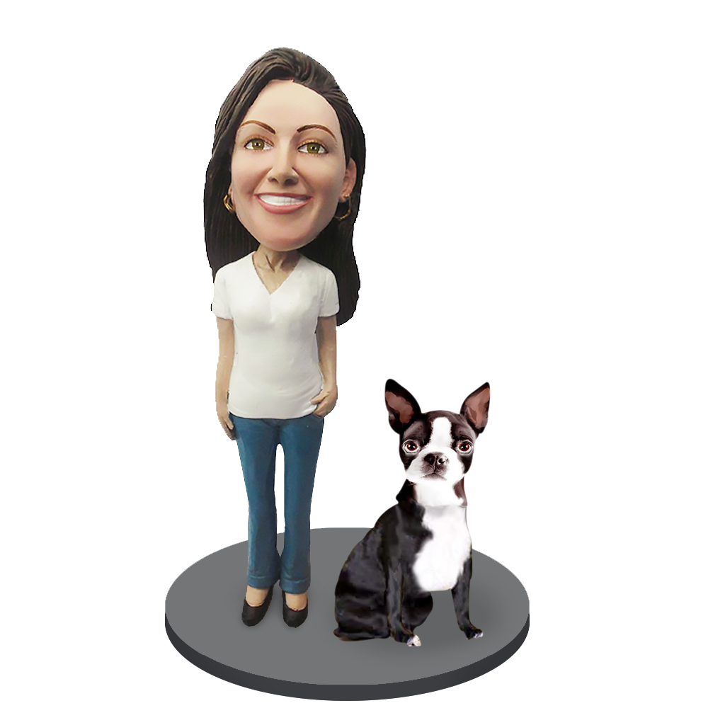 Custom Female with Custom Pet Dog Bobblehead - Boston Terrier