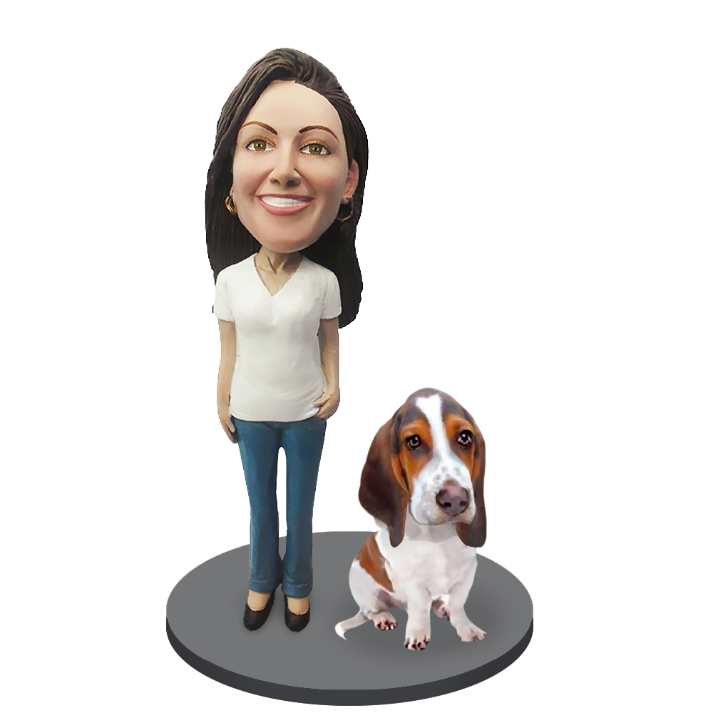 Custom Female with Custom Pet Dog Bobblehead - Basset Hound