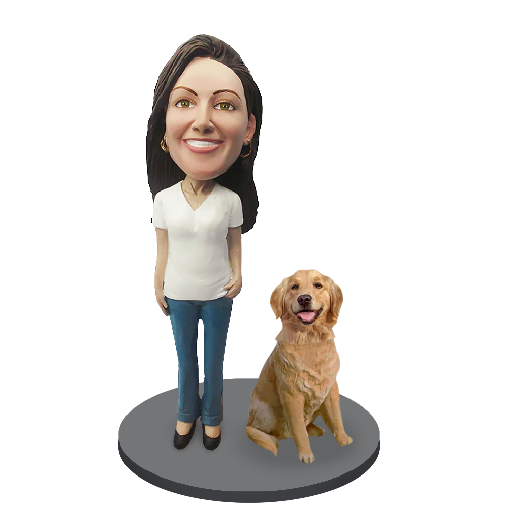 Custom Female with Custom Pet Dog Bobblehead - Golden Retriever