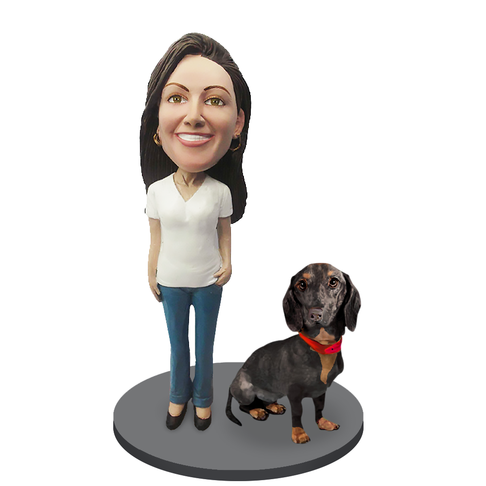 Custom Female with Custom Pet Dog Bobblehead - Dachshund