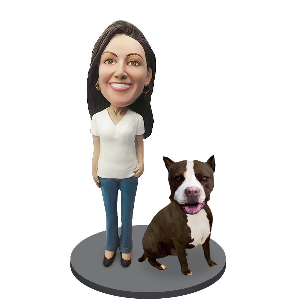 Custom Female with Custom Pet Dog Bobblehead - Pit Bull Black and White