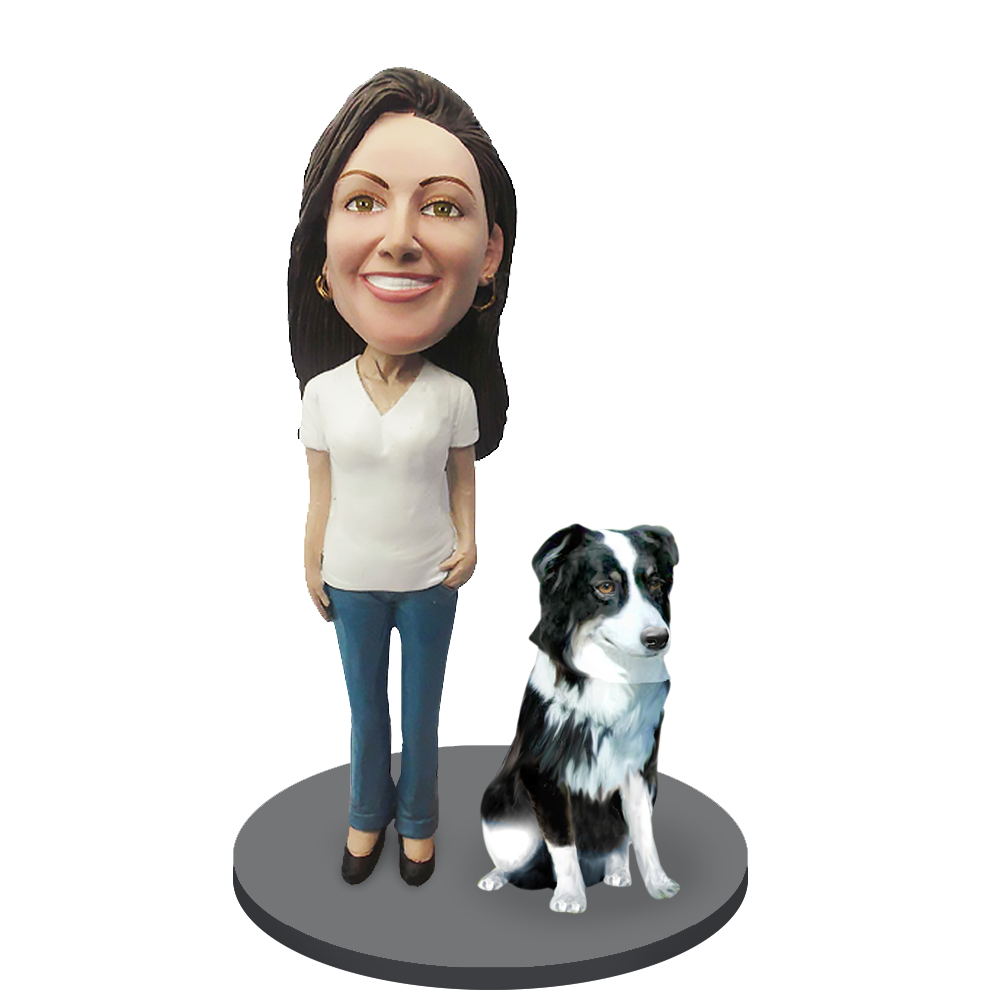 Custom Female with Custom Pet Dog Bobblehead - Australian Shepherd
