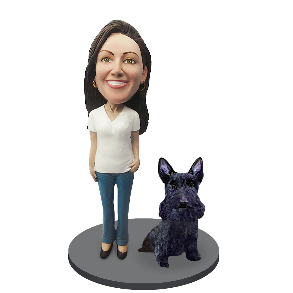 Custom Female with Custom Pet Dog Bobblehead - Scottish Terrier