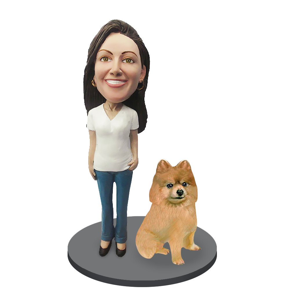 Custom Female with Custom Pet Dog Bobblehead - Pomeranian