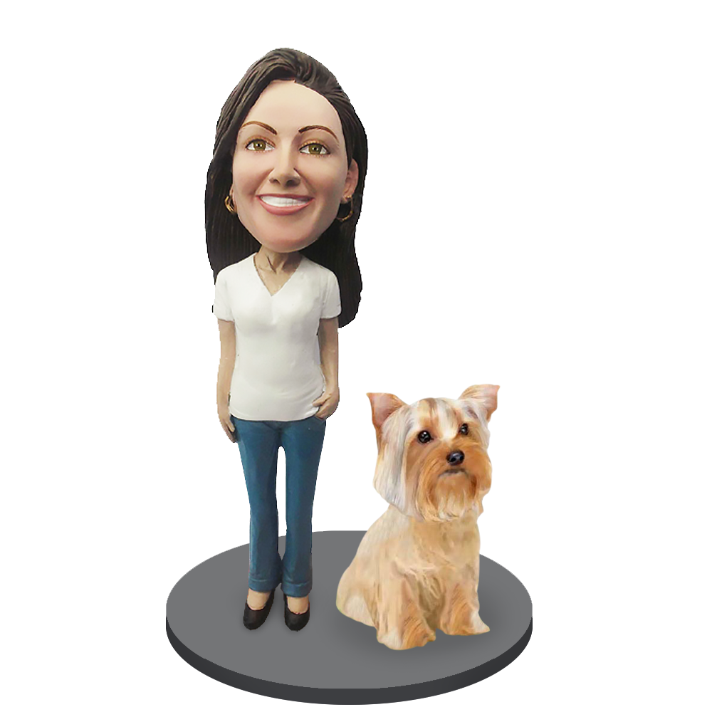 Custom Female with Custom Pet Dog Bobblehead - Yorkshire Terrier