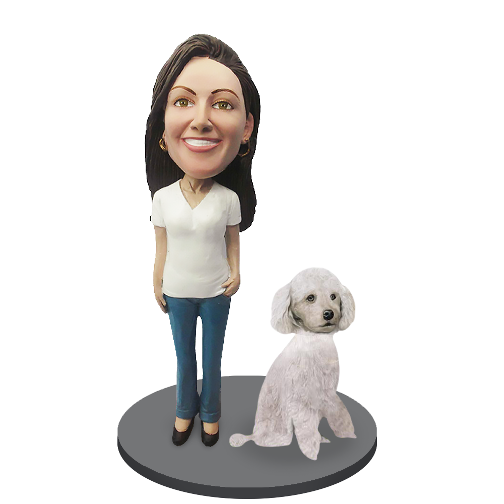 Custom Female with Custom Pet Dog Bobblehead - Poodle White Miniature