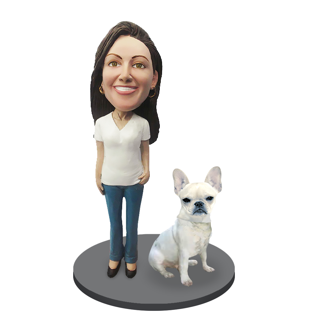 Custom Female with Custom Pet Dog Bobblehead - French Bulldog Cream