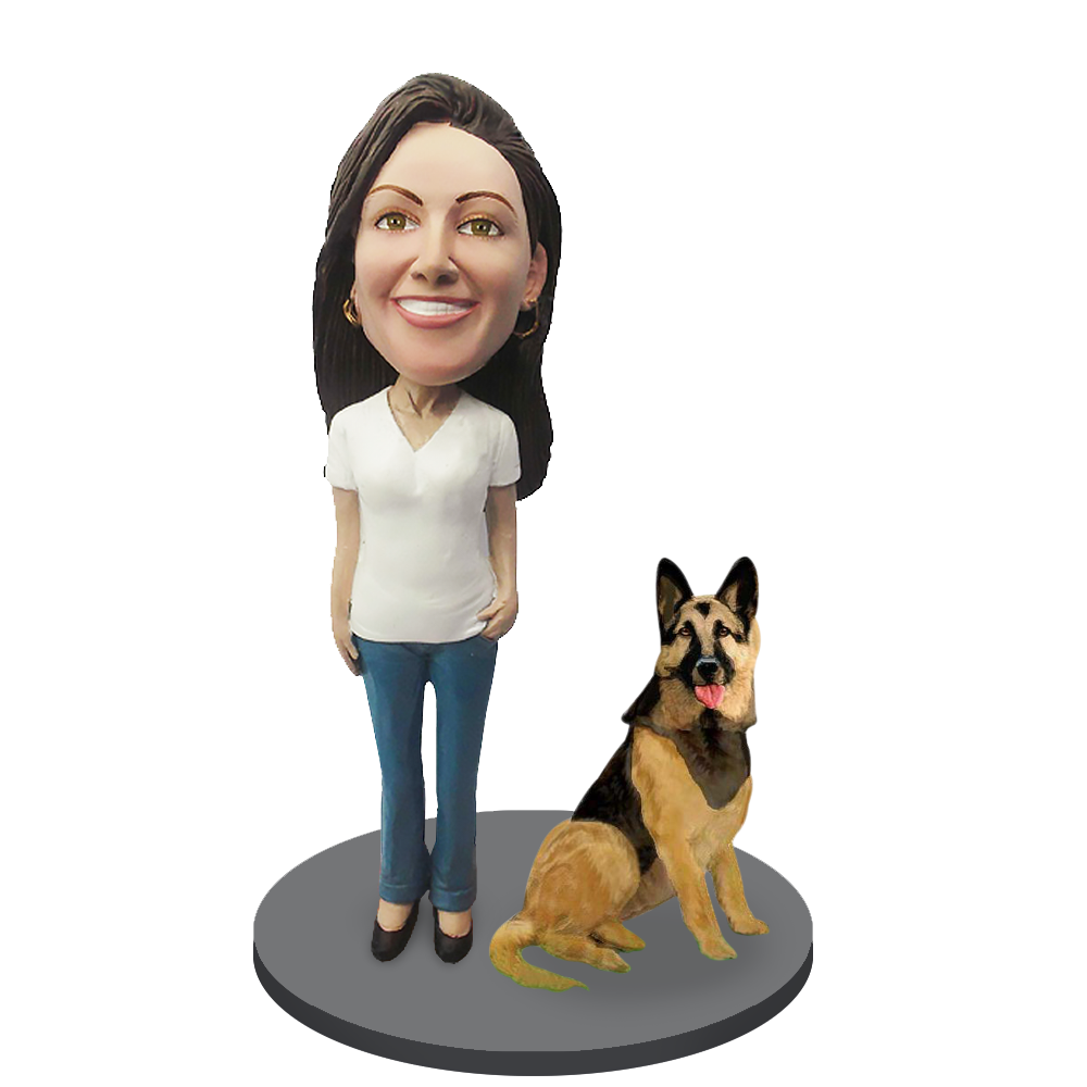 Custom Female with Custom Pet Dog Bobblehead - German Shepherd