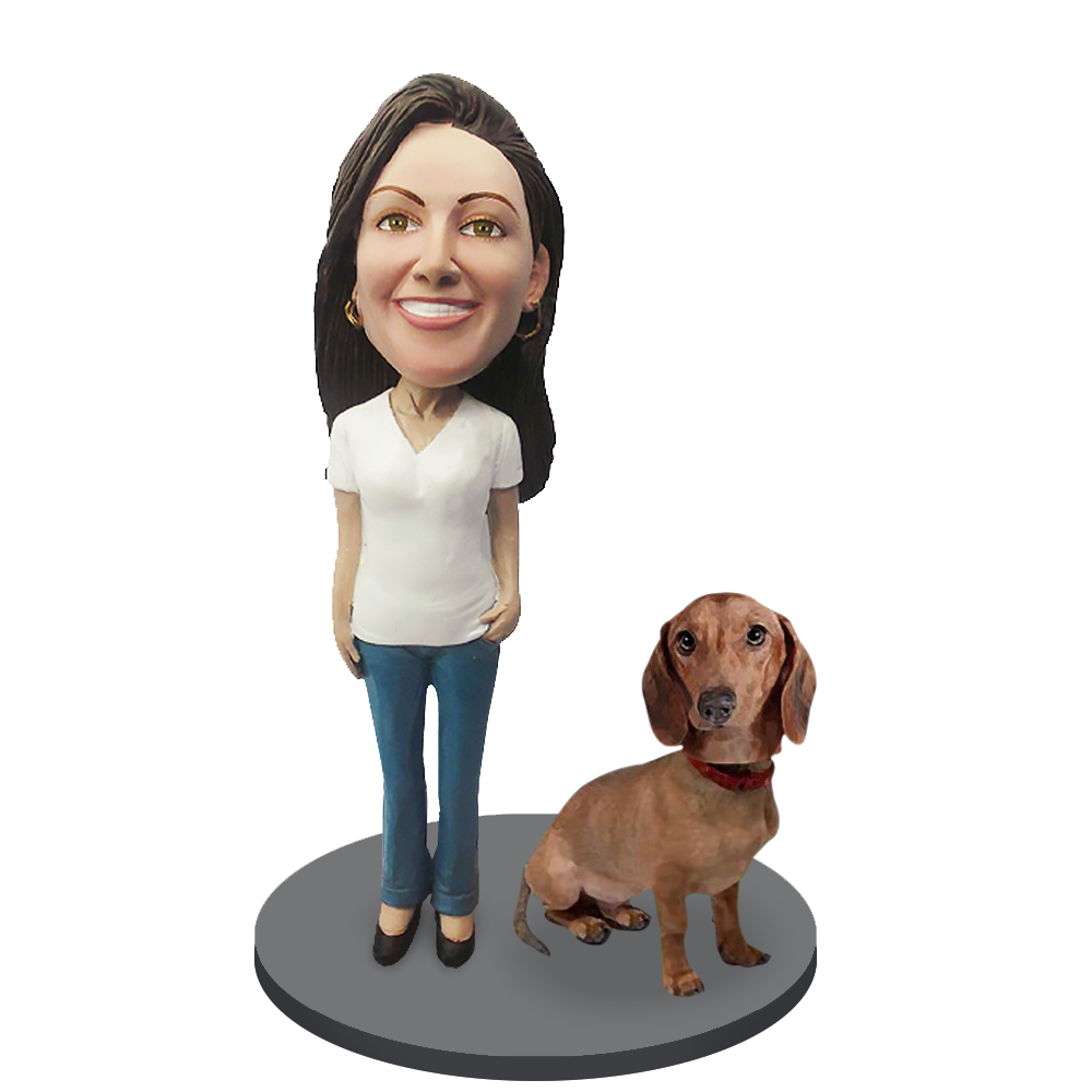 Custom Female with Custom Pet Dog Bobblehead - Dachshund Brown