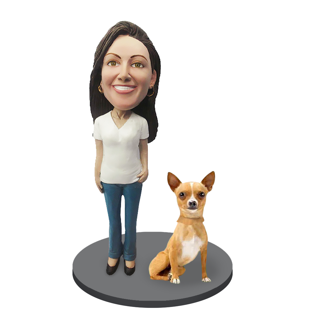 Custom Female with Custom Pet Dog Bobblehead - Chihuahuas Fawn