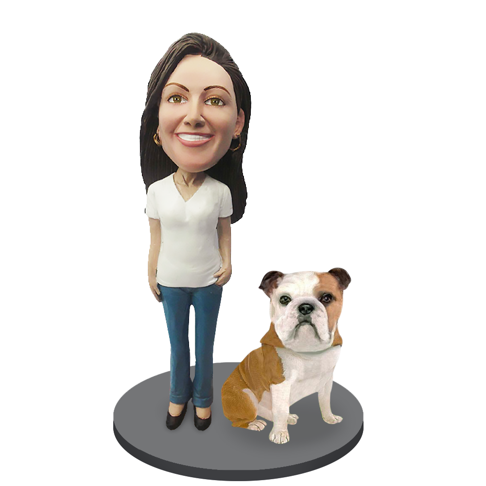 Custom Female with Custom Pet Dog Bobblehead - Bulldog
