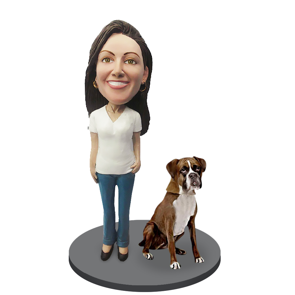 Custom Female with Custom Pet Dog Bobblehead - Boxer Brown