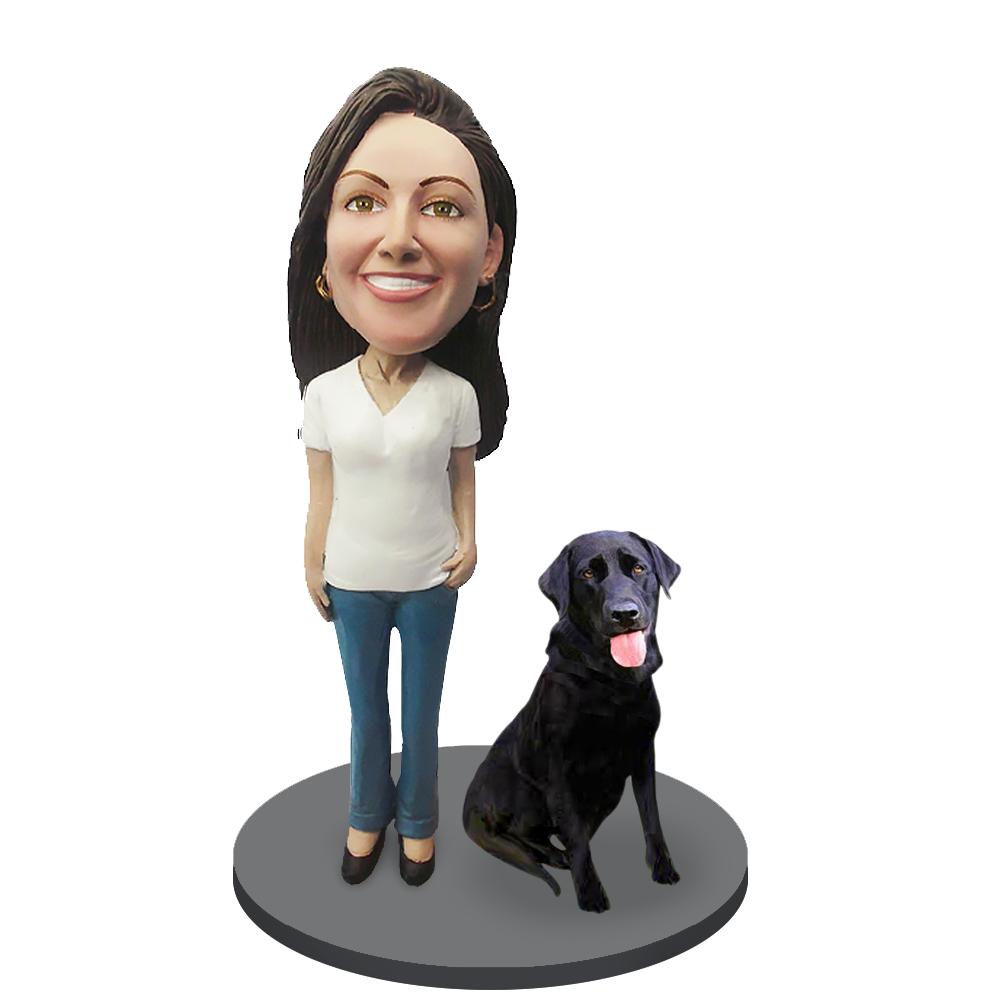 Custom Female with Custom Pet Dog Bobblehead - Labrador Retriever Black