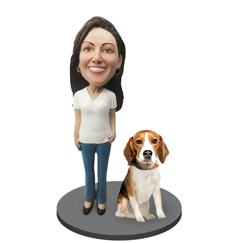 Custom Female with Custom Pet Dog Bobblehead - Beagle