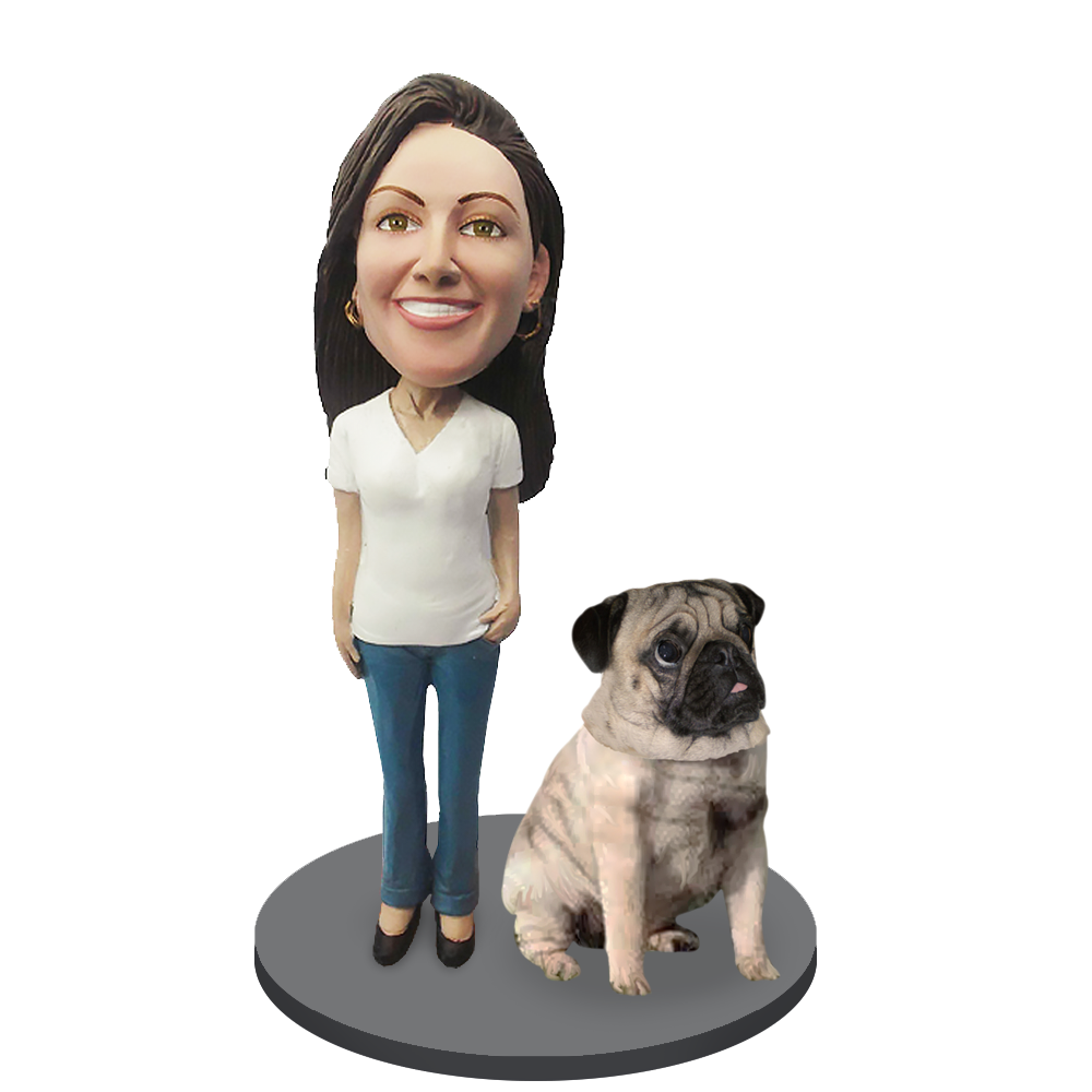 Custom Female with Custom Pet Dog Bobblehead - Pug Fawn