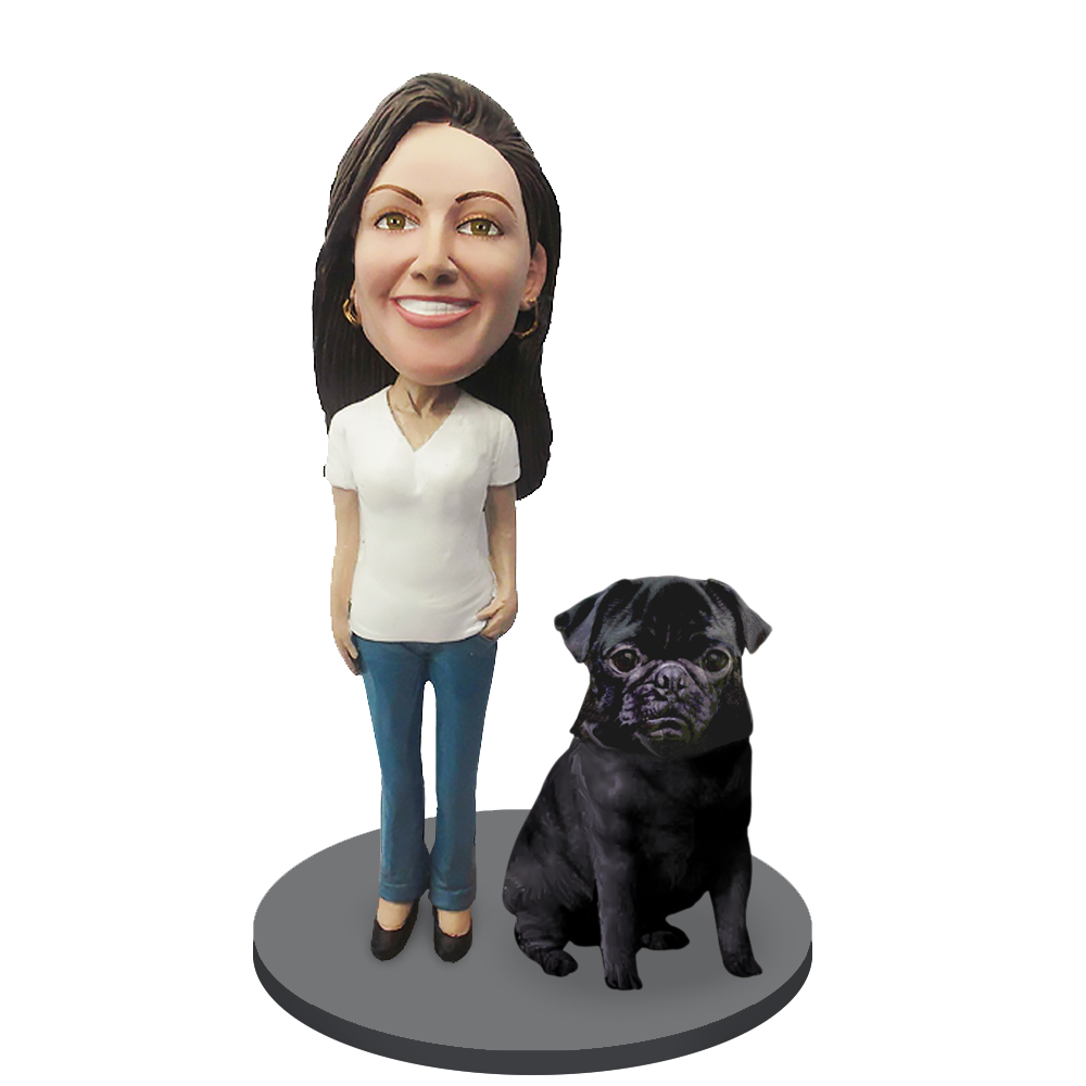 Custom Female with Custom Pet Dog Bobblehead - Pug Black