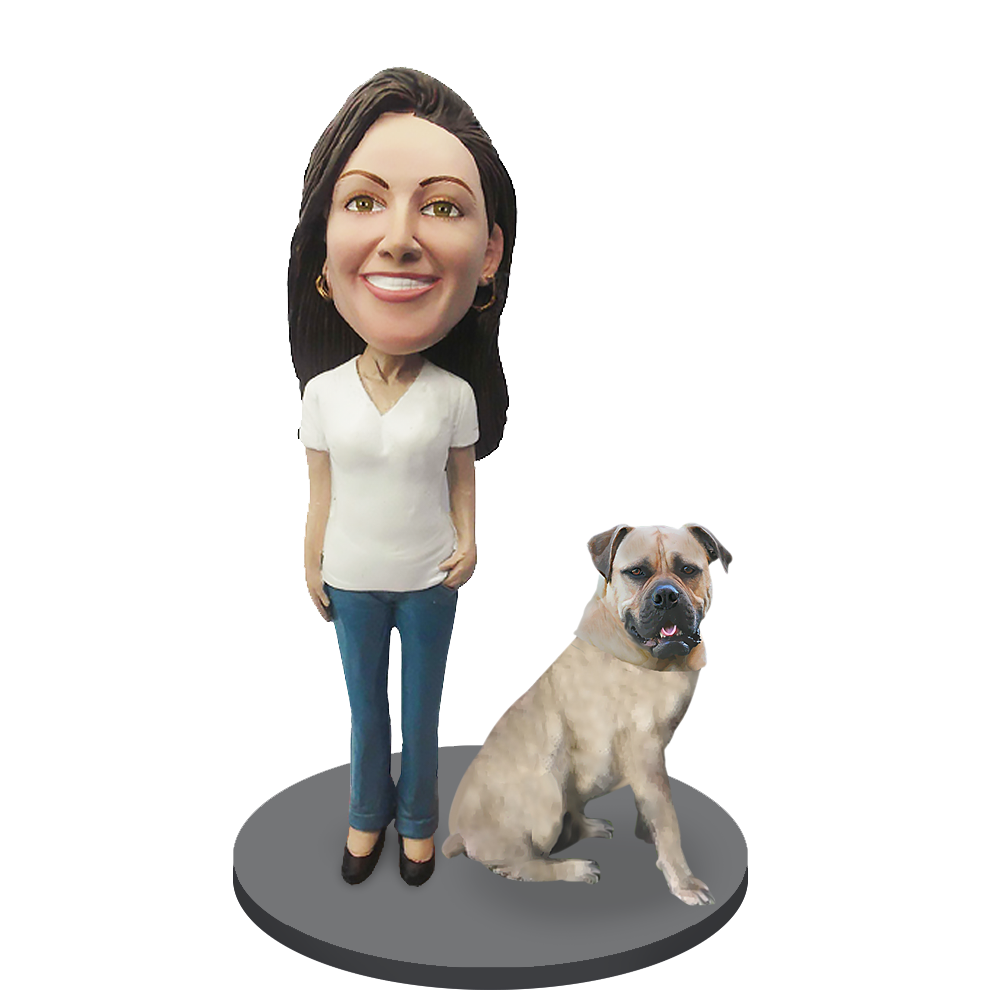 Custom Female with Custom Pet Dog Bobblehead - Bull Mastiff White Fawn