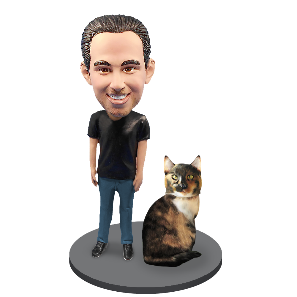 Custom Male with Custom Pet Cat Bobblehead - Calico Cat