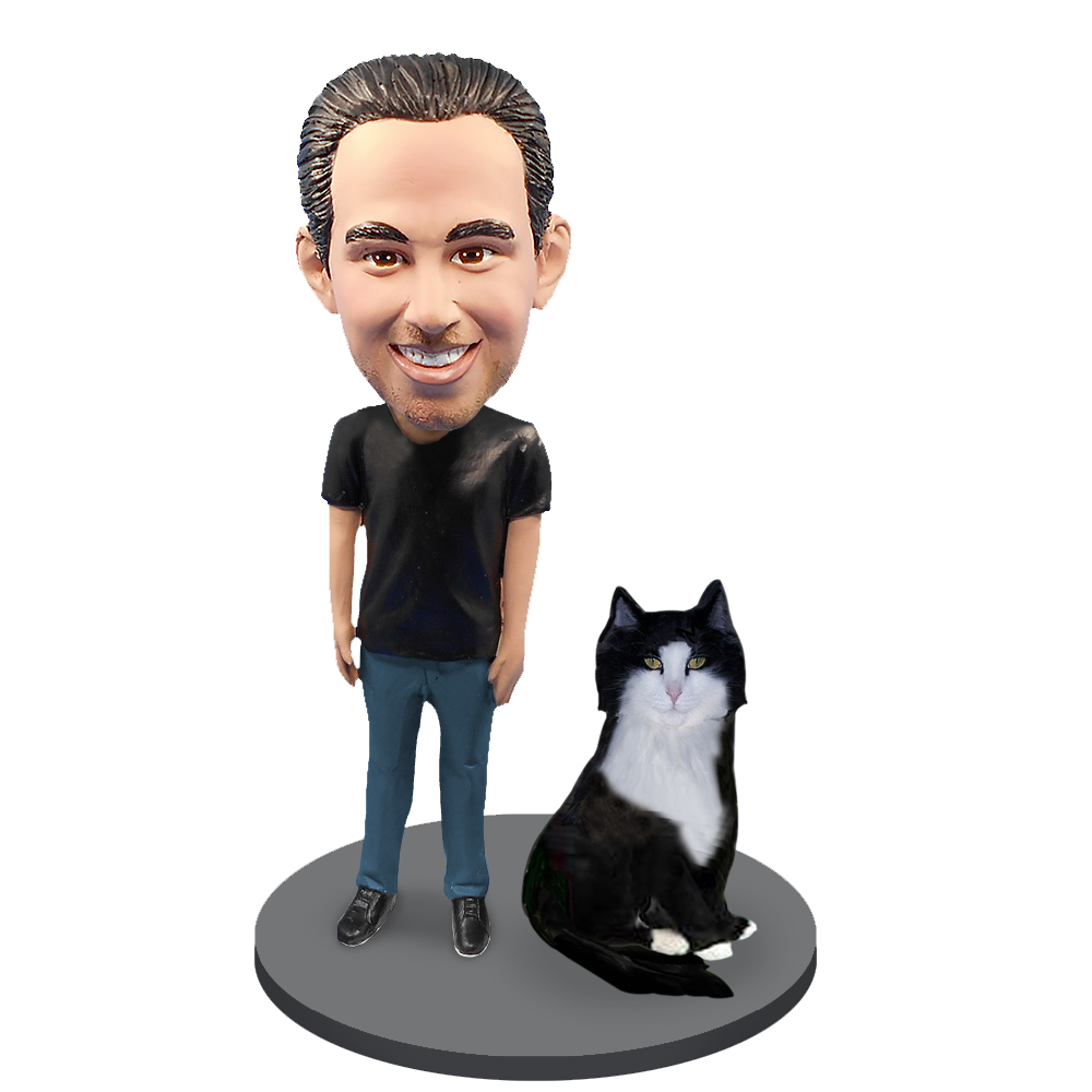 Custom Male with Custom Pet Cat Bobblehead - Tuxedo Cat