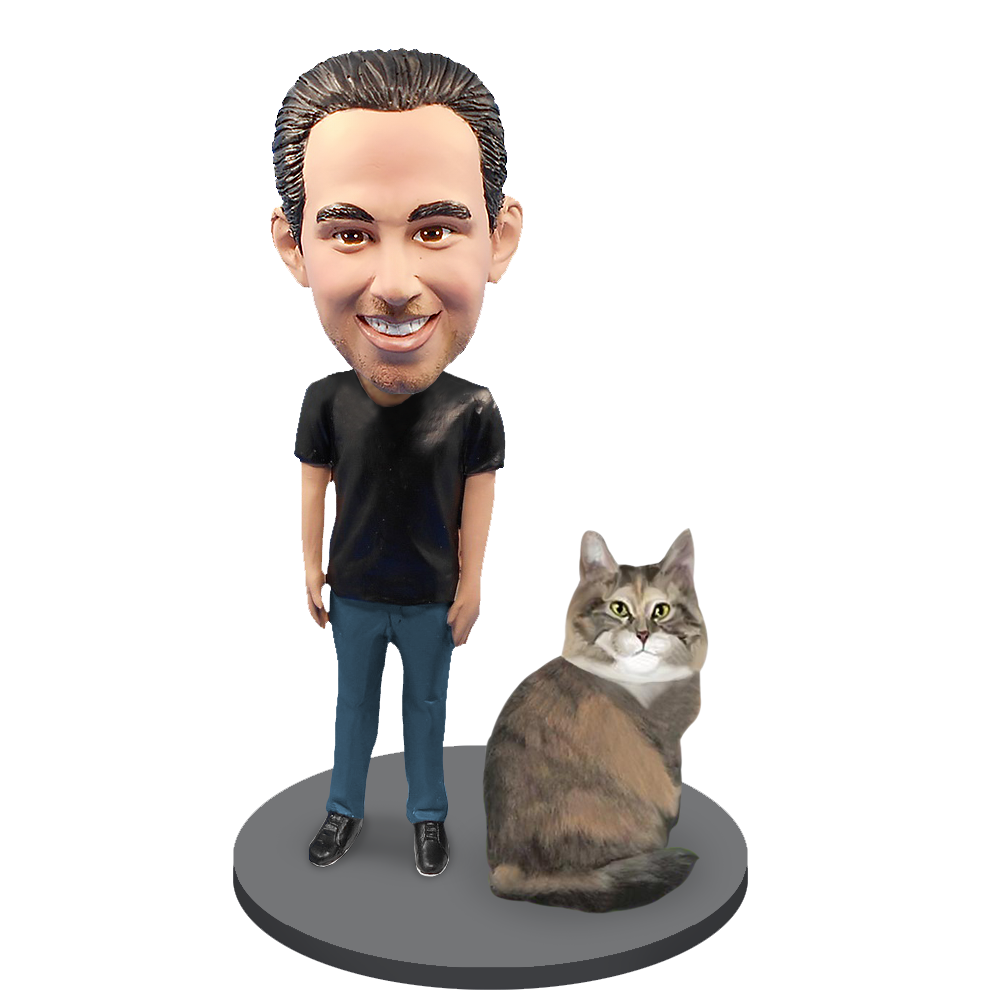 Custom Male with Custom Pet Cat Bobblehead - Maine Coon Cat