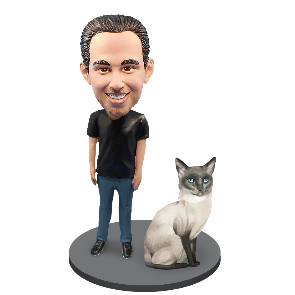 Custom Male with Custom Pet Cat Bobblehead - Siamese Cat