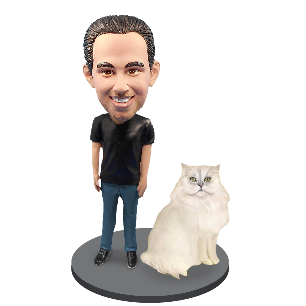 Custom Male with Custom Pet Cat Bobblehead - Persian Cat White