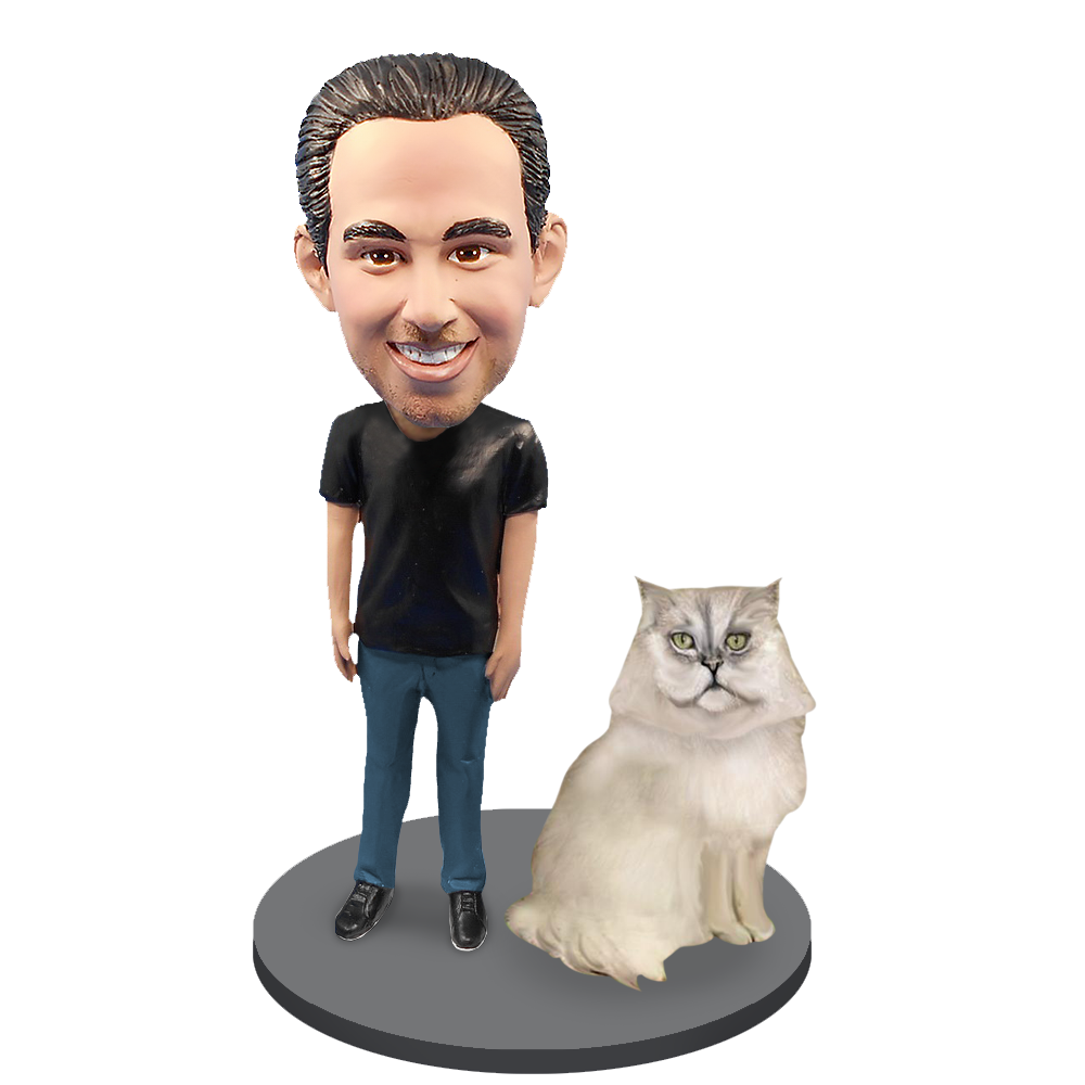 Custom Male with Custom Pet Cat Bobblehead - Persian Cat Grey