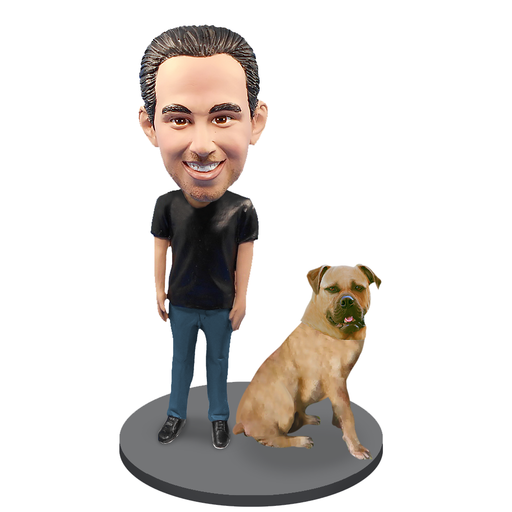Custom Male with Custom Pet Dog Bobblehead - Bull Mastiff Yellow Fawn