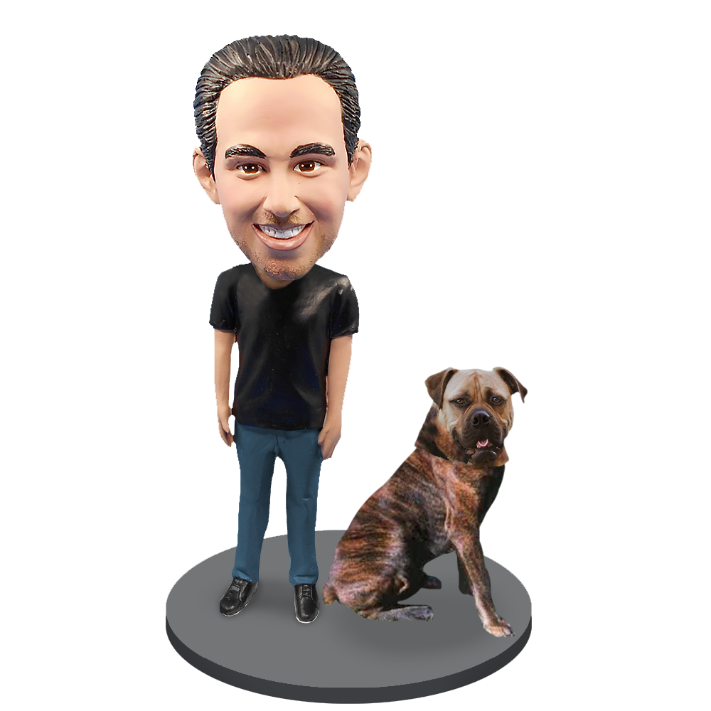 Custom Male with Custom Pet Dog Bobblehead - Bull Mastiff Brindle
