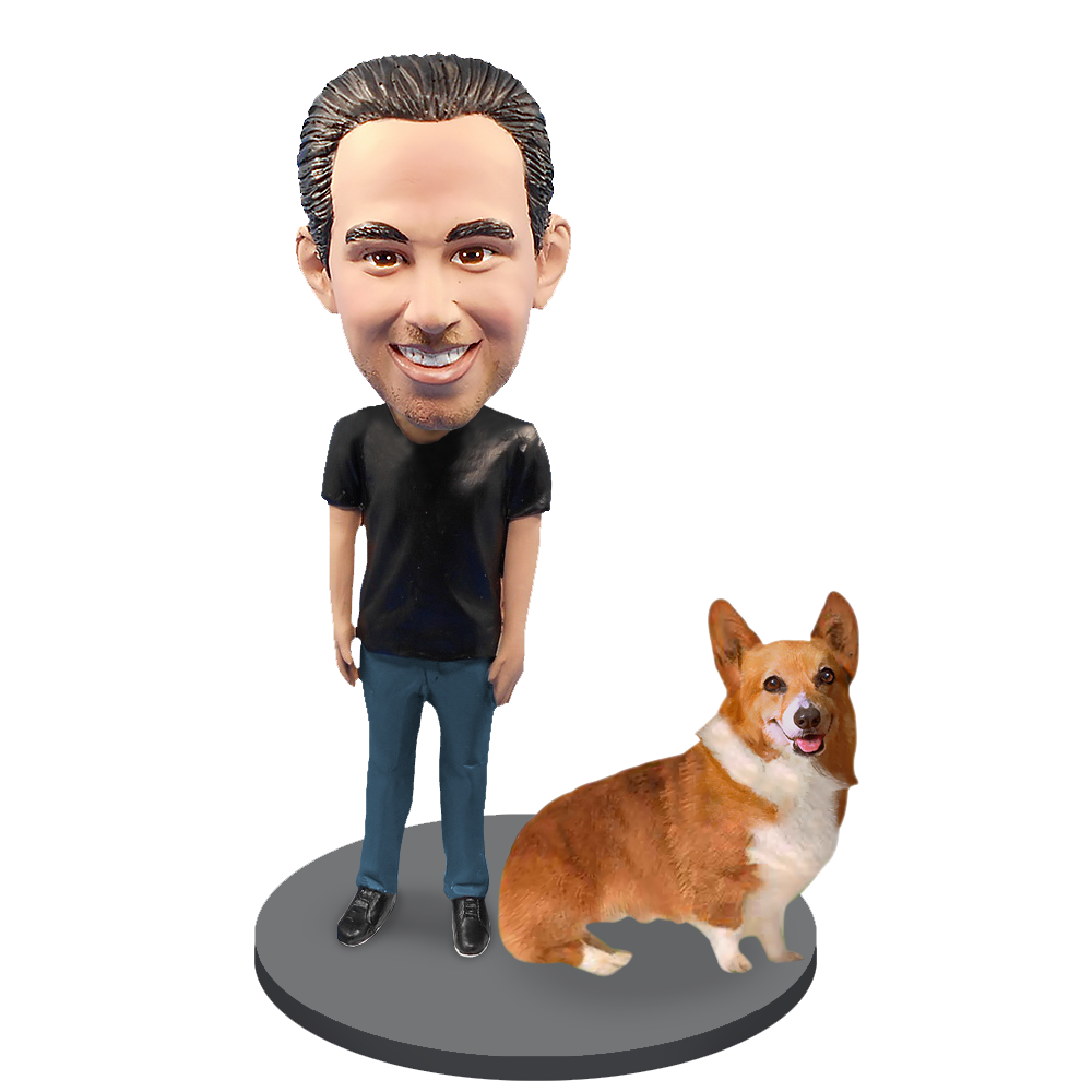 Custom Male with Custom Pet Dog Bobblehead - Corgi