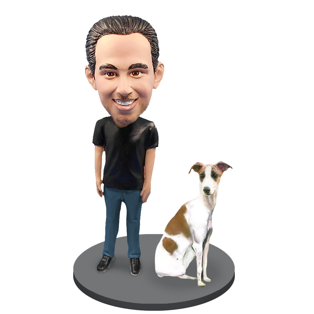 Custom Male with Custom Pet Dog Bobblehead - Grey Hound